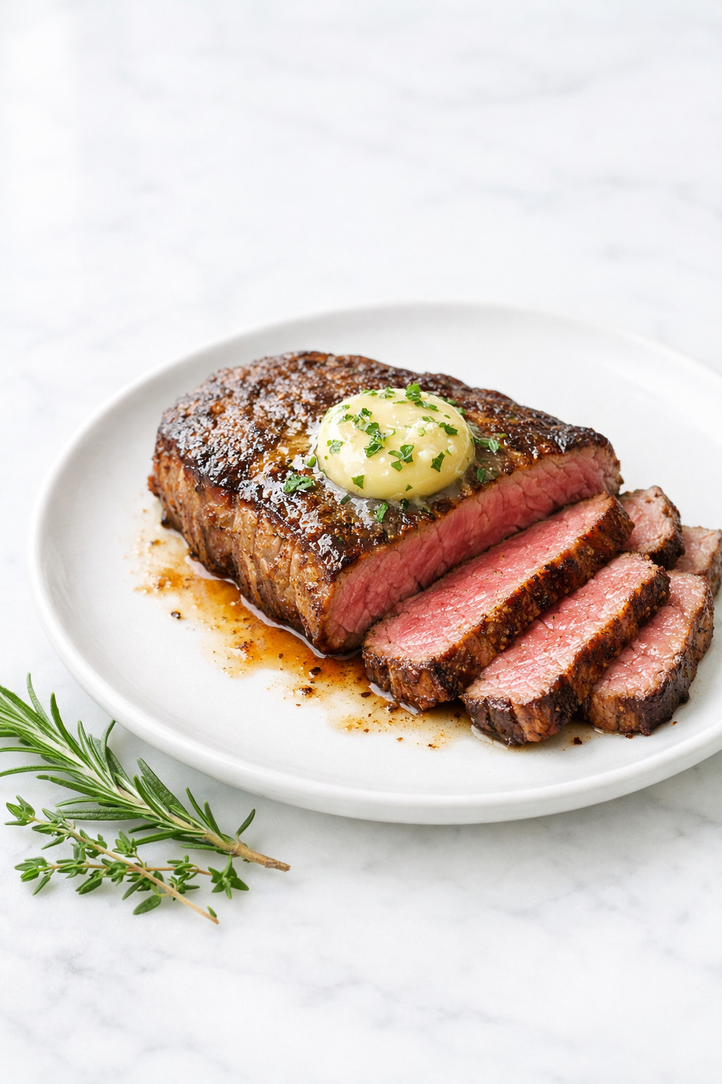 Pan-seared sirloin tip steak with garlic herb butter on a white plate
