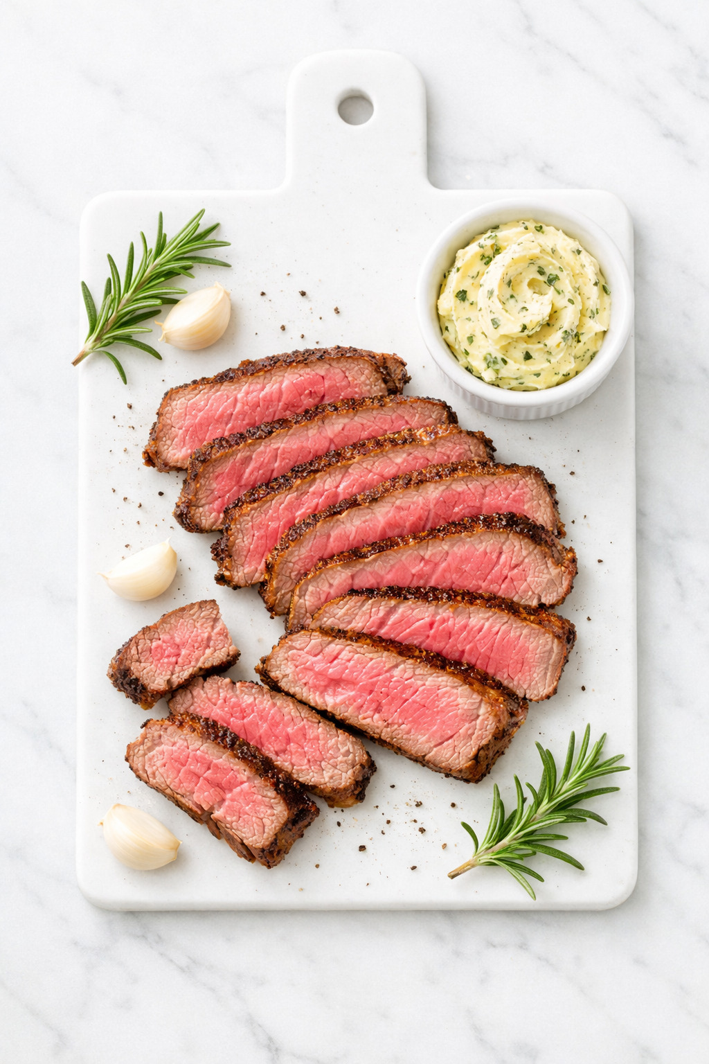 Sliced sirloin tip steak arranged on a white cutting board shot from above