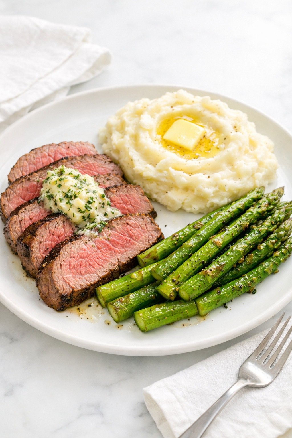 Sirloin tip steak served with asparagus and mashed potatoes on a white plate