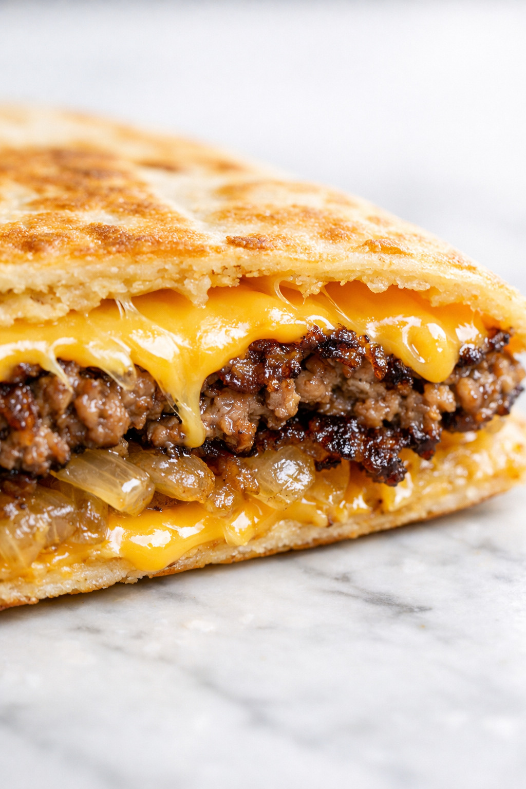 Close-up of smashburger quesadilla showing stretchy melted cheese and crispy beef