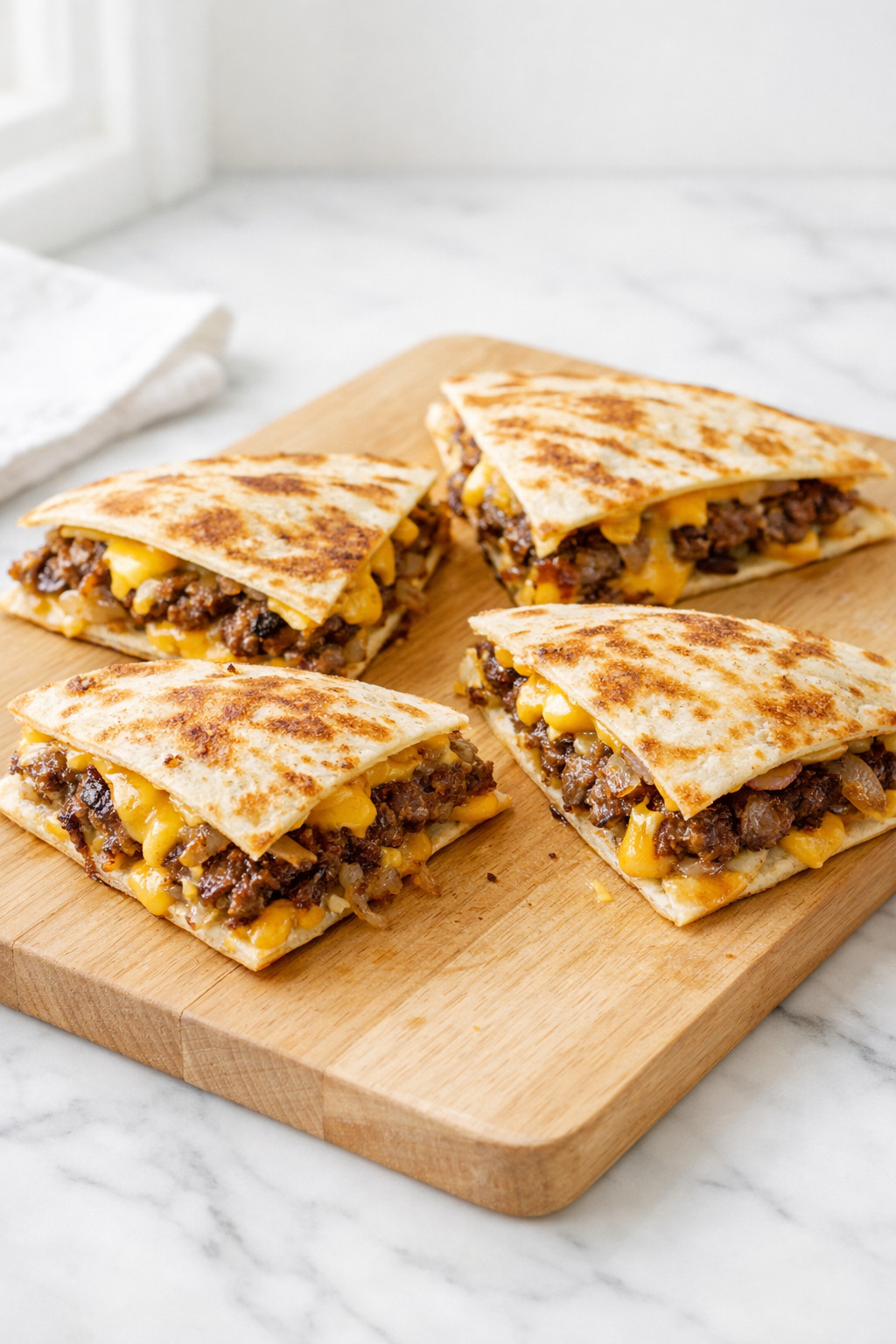 Smashburger quesadillas with melted cheese and crispy beef on a cutting board