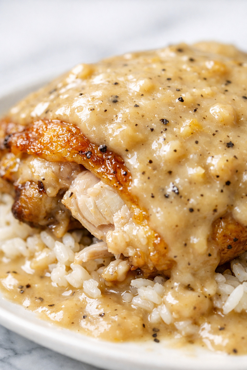 Close-up of crispy golden chicken skin under creamy gravy