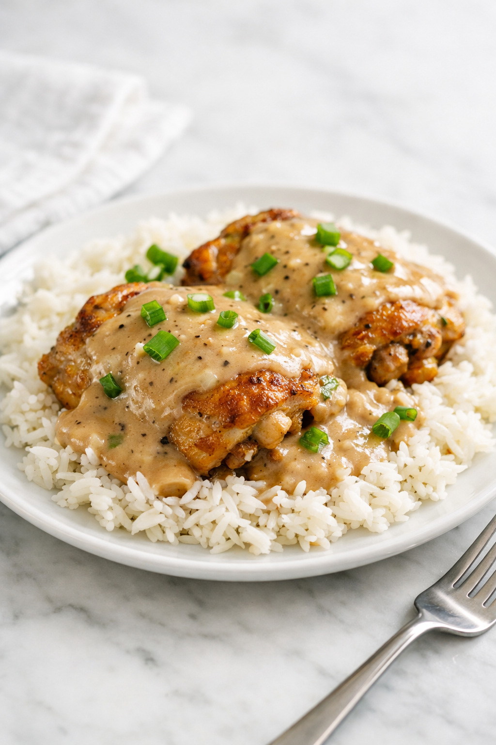 Golden seared chicken thighs smothered in creamy gravy served over white rice