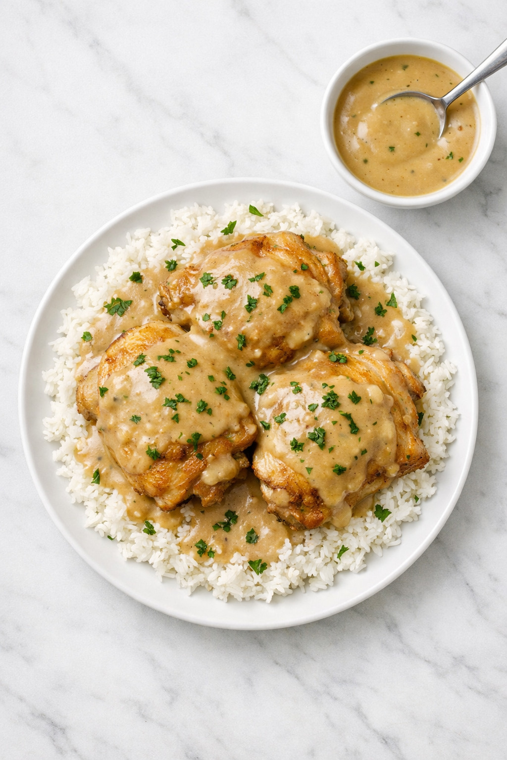 Overhead view of smothered chicken and rice with fresh parsley