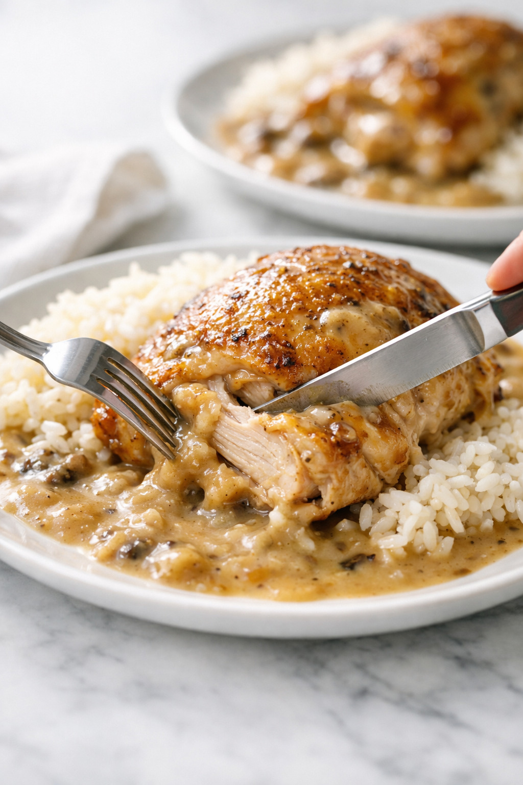Fork cutting into tender smothered chicken revealing juicy meat