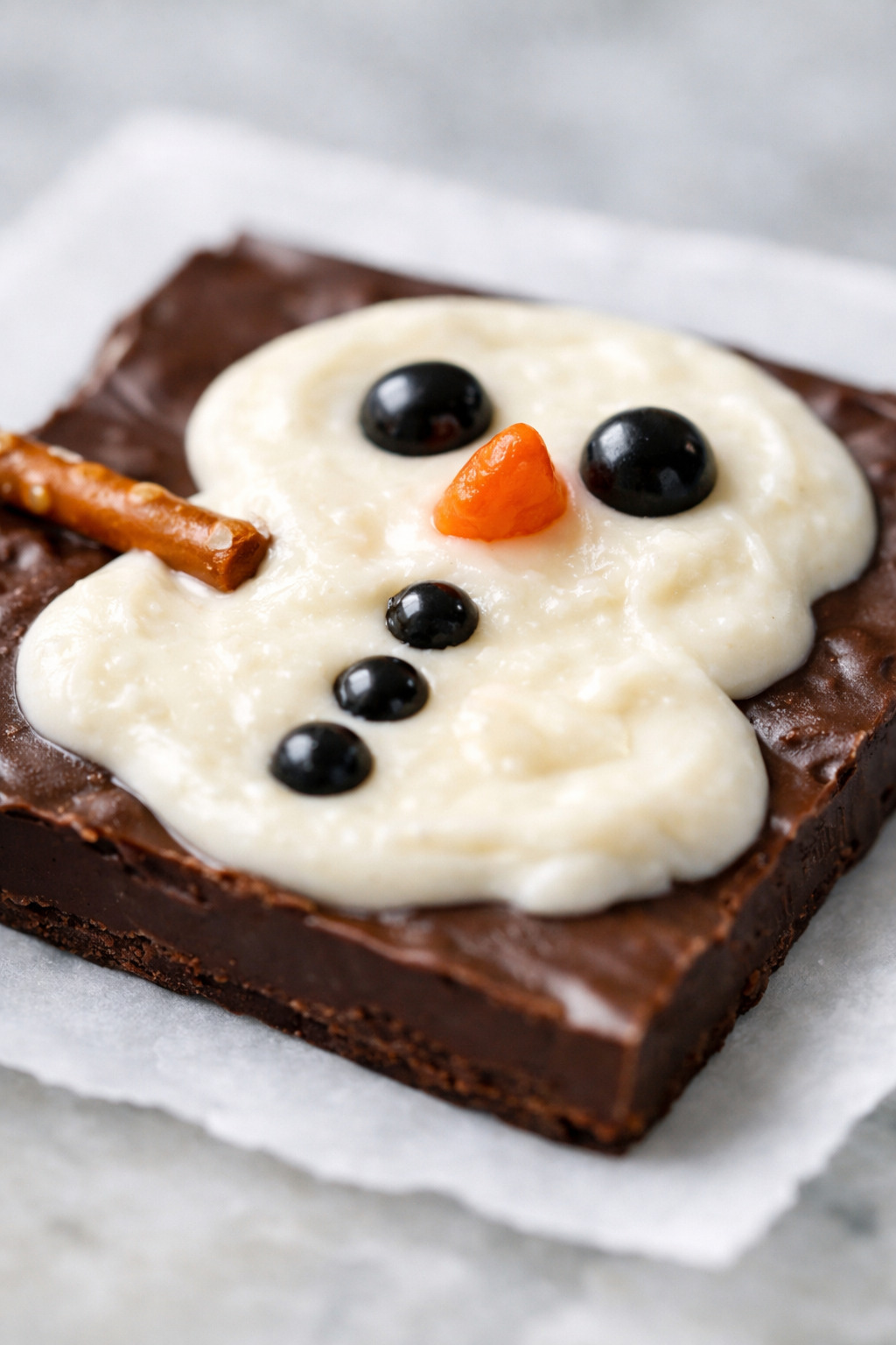 Close up of melted snowman chocolate bark showing candy decoration details