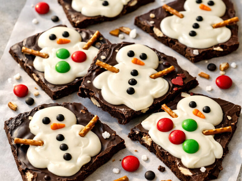 Pieces of melted snowman chocolate bark with candy eyes and pretzel arms on parchment paper