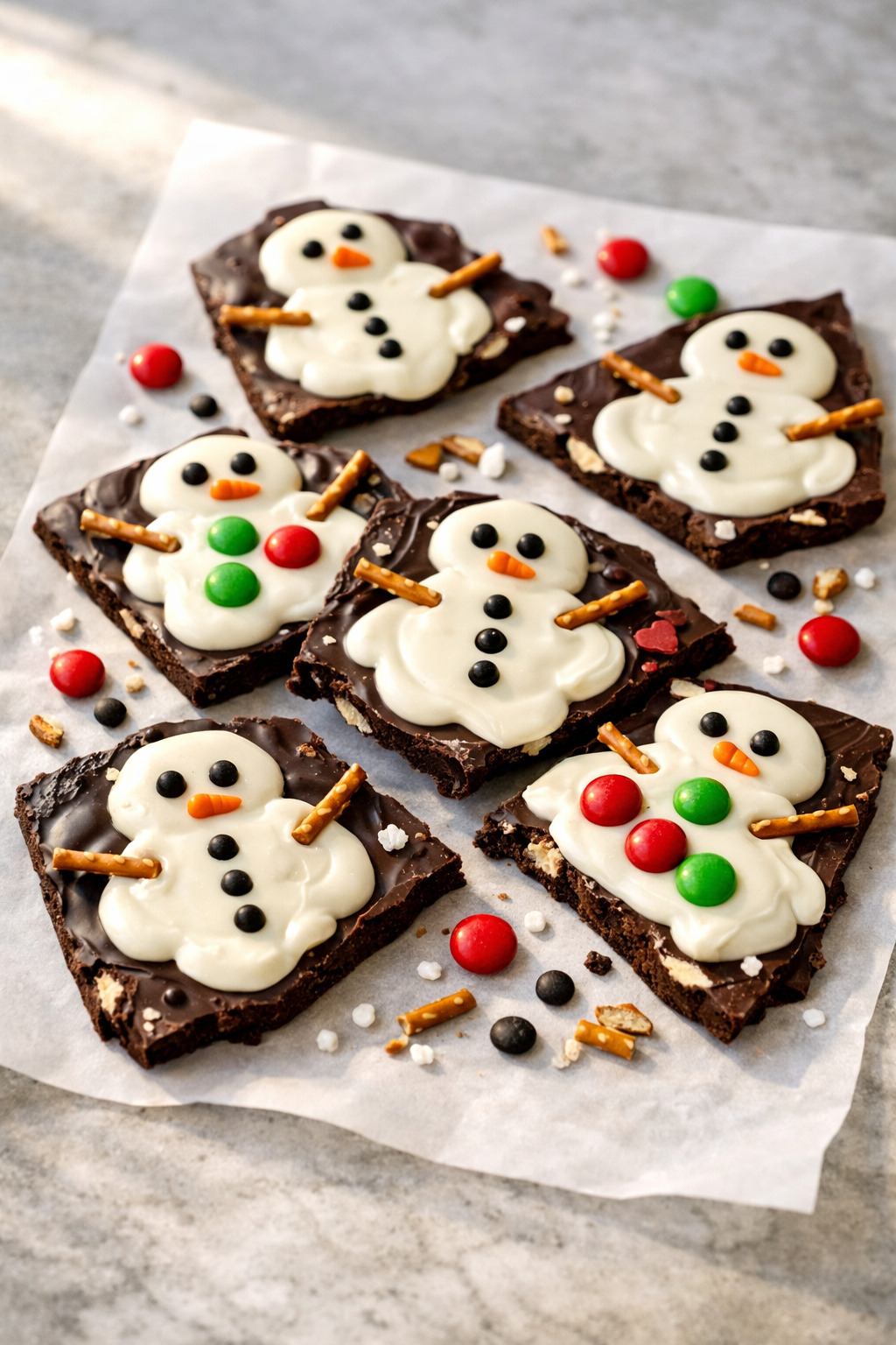 Pieces of melted snowman chocolate bark with candy eyes and pretzel arms on parchment paper