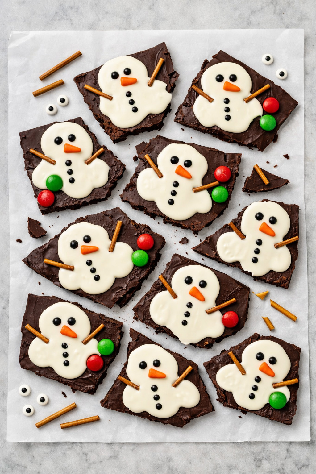 Overhead view of melted snowman chocolate bark pieces on parchment paper