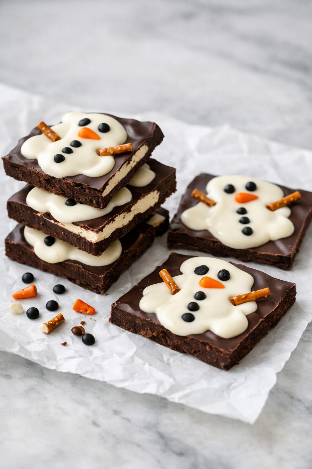 Several pieces of melted snowman chocolate bark stacked together
