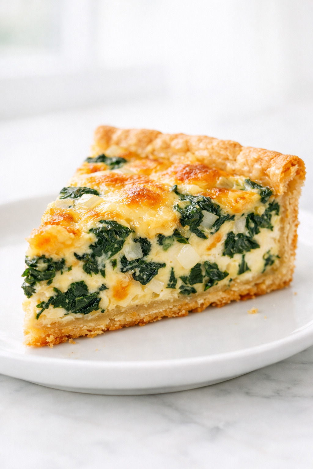 Slice of spinach quiche showing layers of flaky crust and creamy filling