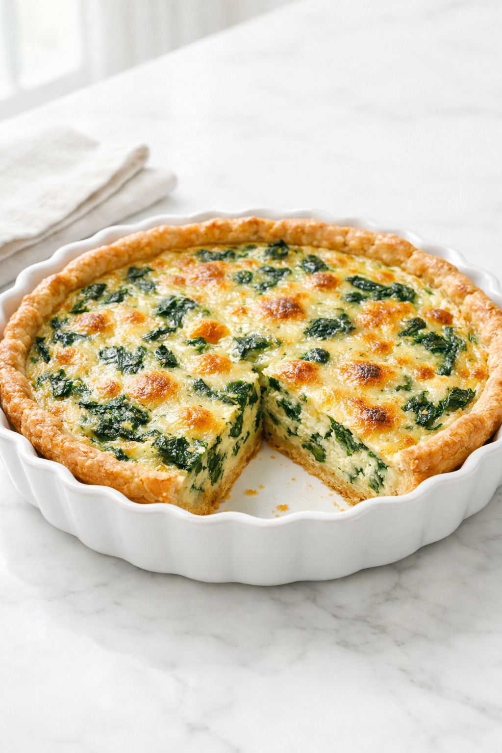 Classic spinach quiche in a white fluted dish with golden crust