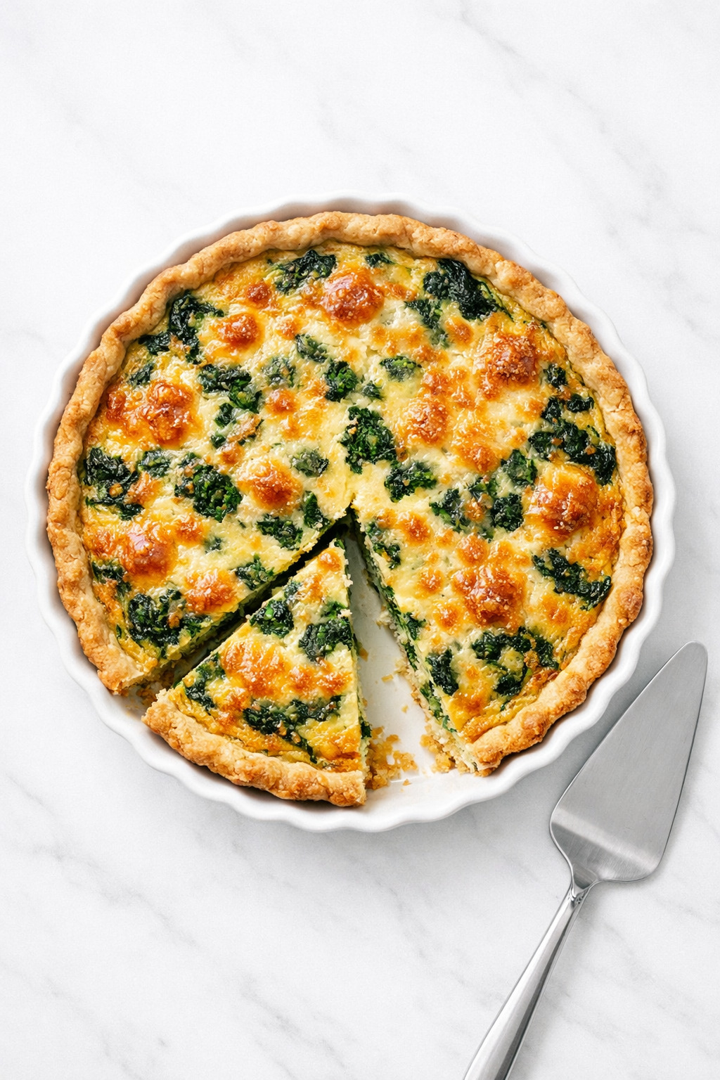 Overhead view of spinach quiche with golden top