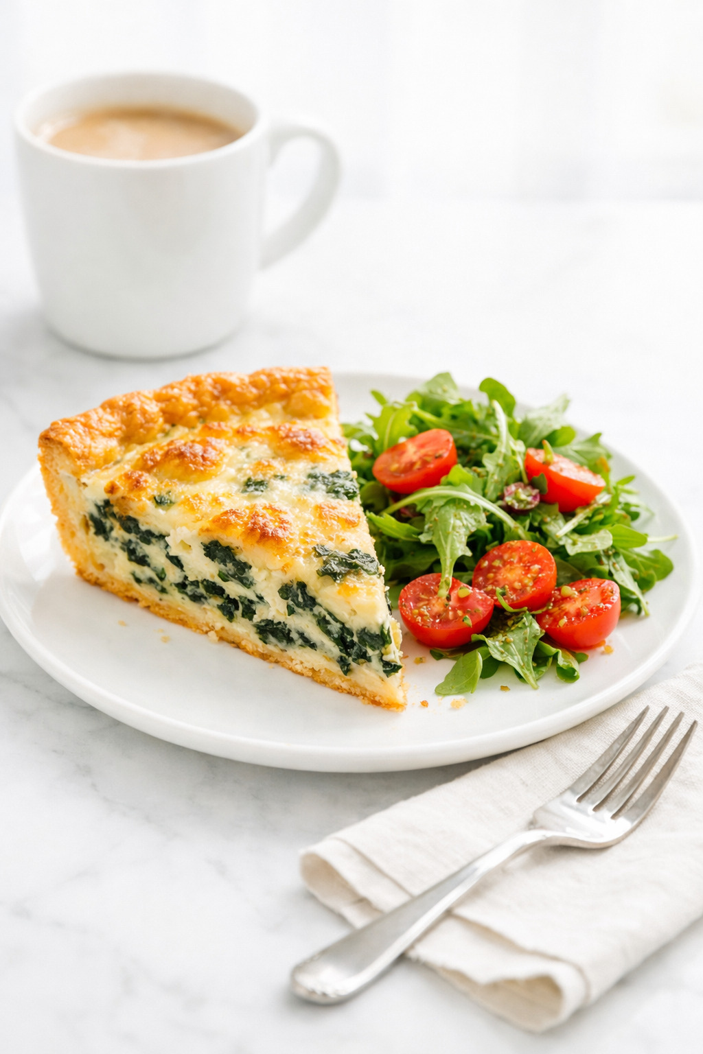 Spinach quiche slice served with side salad