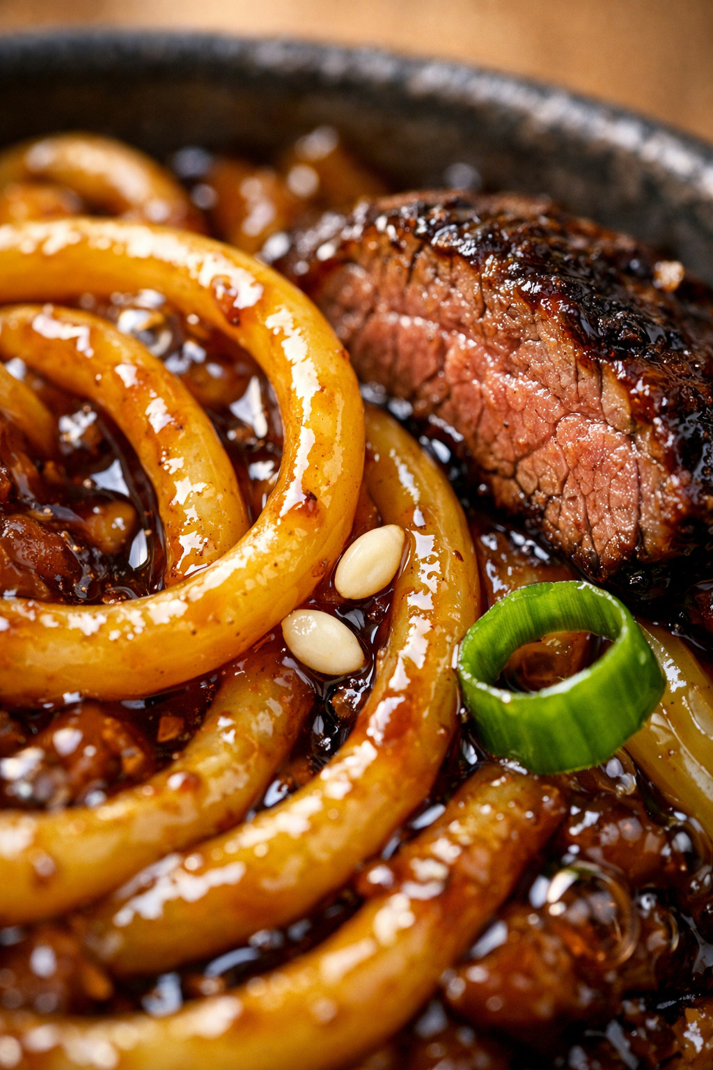 Close-up macro shot of glossy sauce-coated egg noodles with caramelized beef showing seared crust and sesame seeds