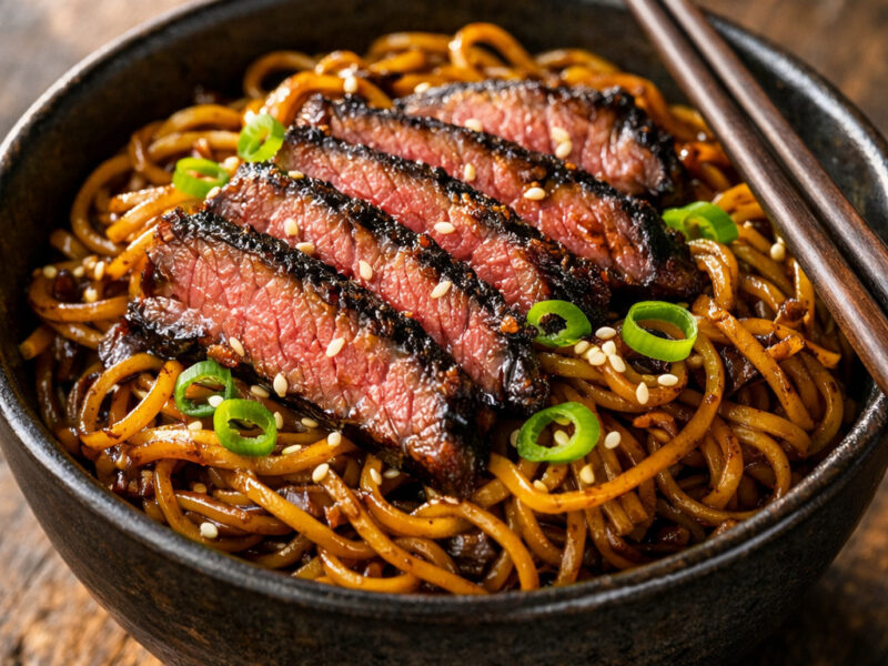 Bowl of sticky beef noodles with caramelized beef and glossy brown sauce