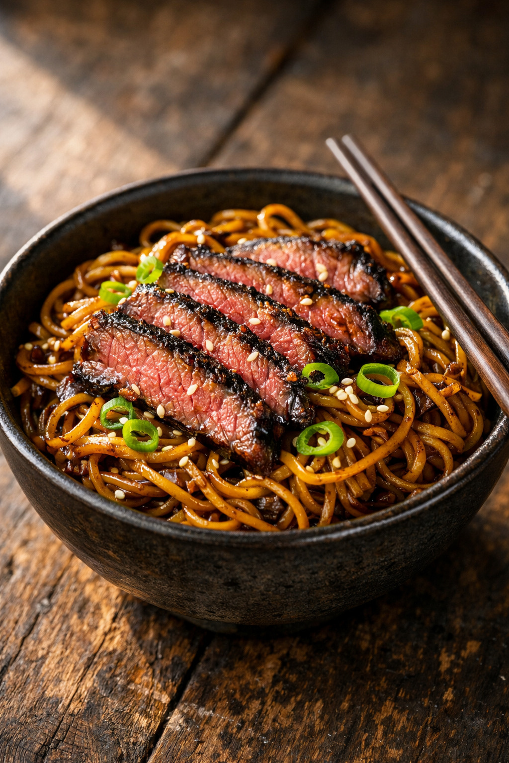 Sticky beef noodles in a ceramic bowl with caramelized beef, sesame seeds and sliced green onions shot from 45-degree angle