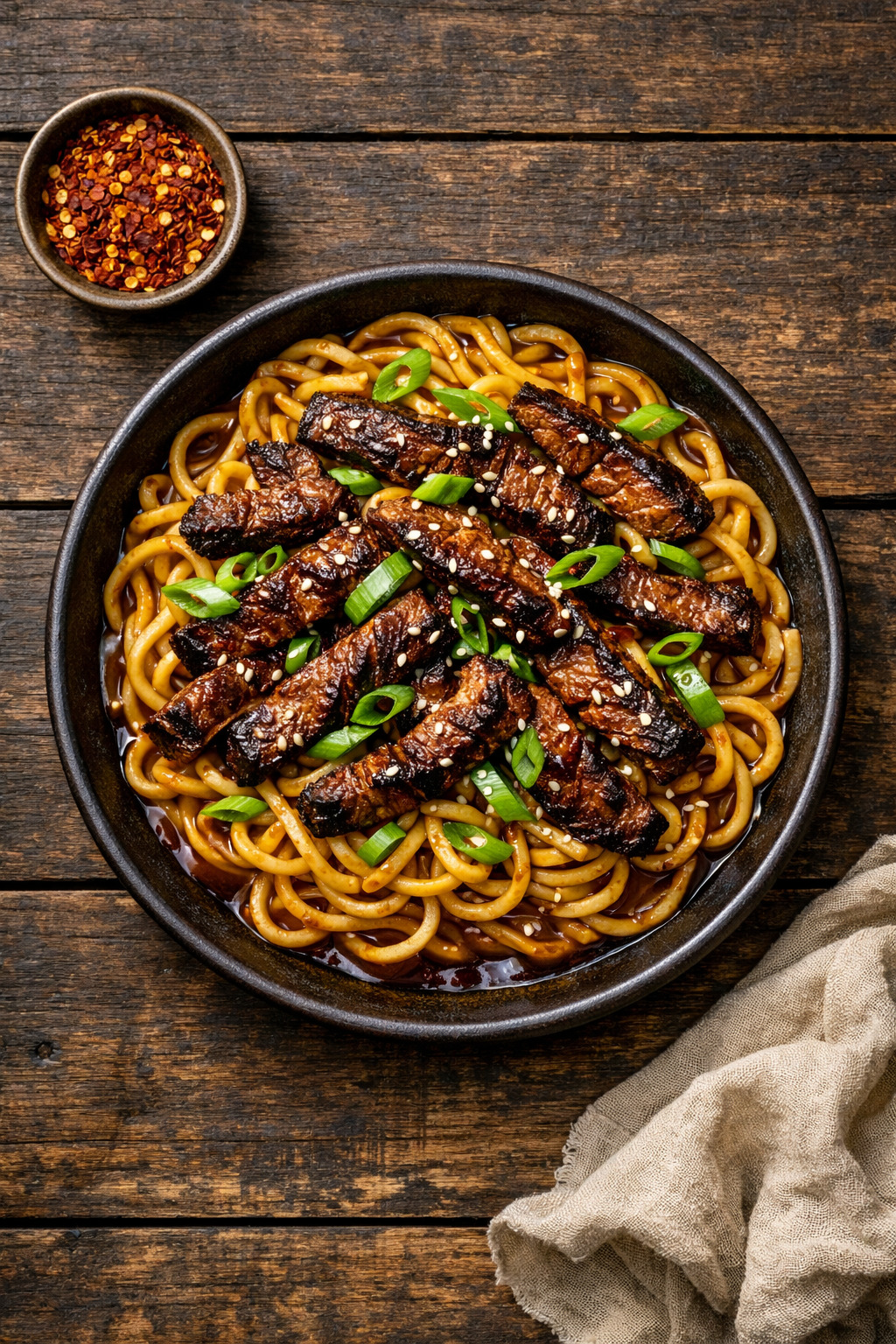 Overhead flat lay of sticky beef noodles with glossy dark sauce, seared beef strips, scallions and sesame seeds in a white bowl