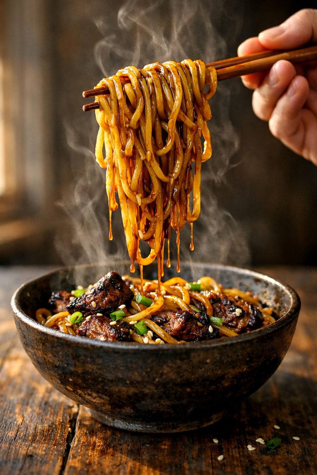 Chopsticks lifting sticky beef noodles dripping with glossy dark brown sauce from a ceramic bowl