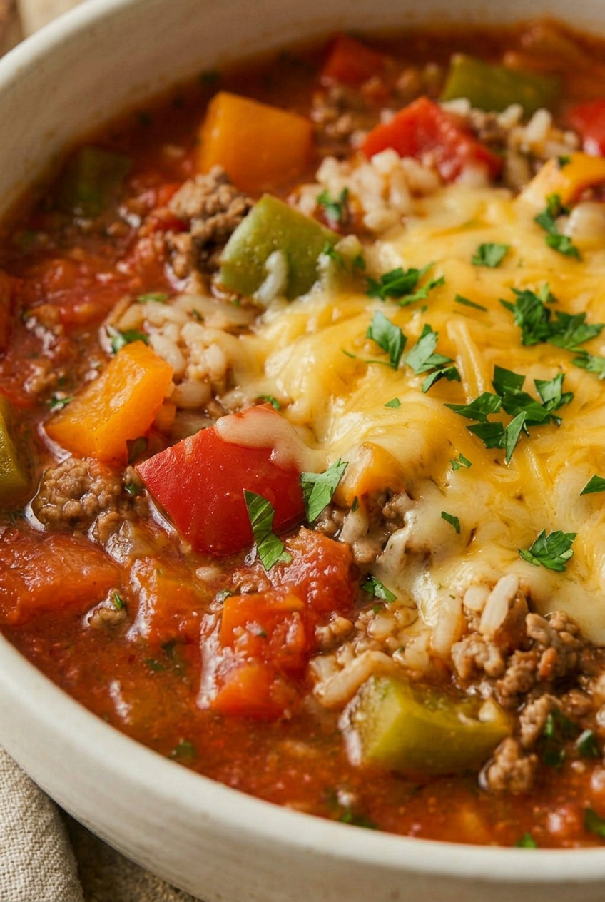 Closeup of stuffed pepper soup showing ground beef crumbles, diced peppers, rice and melting cheese