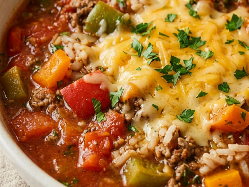 Stuffed pepper soup with ground beef, bell peppers, rice and melted cheddar cheese in a white bowl
