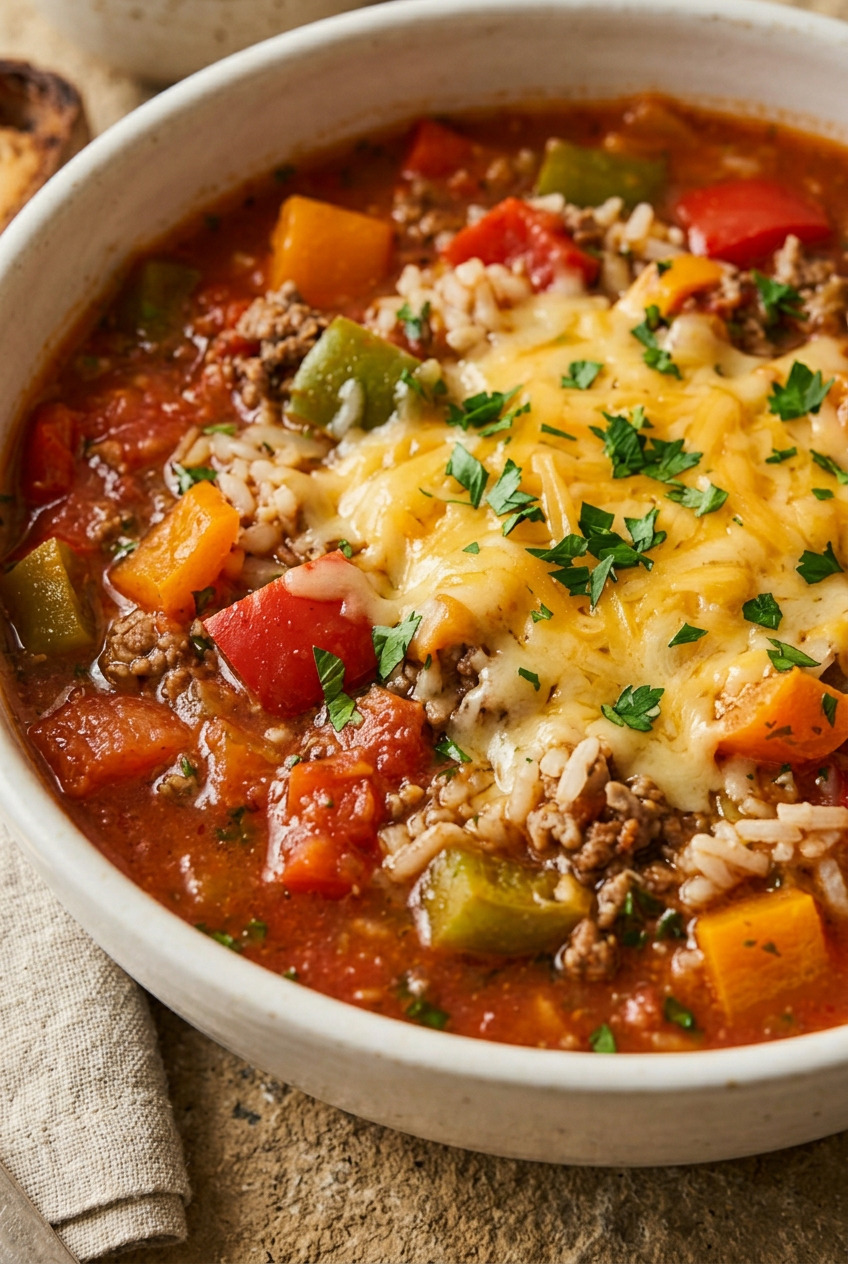 Stuffed pepper soup with ground beef, bell peppers, rice and melted cheddar cheese in a white bowl