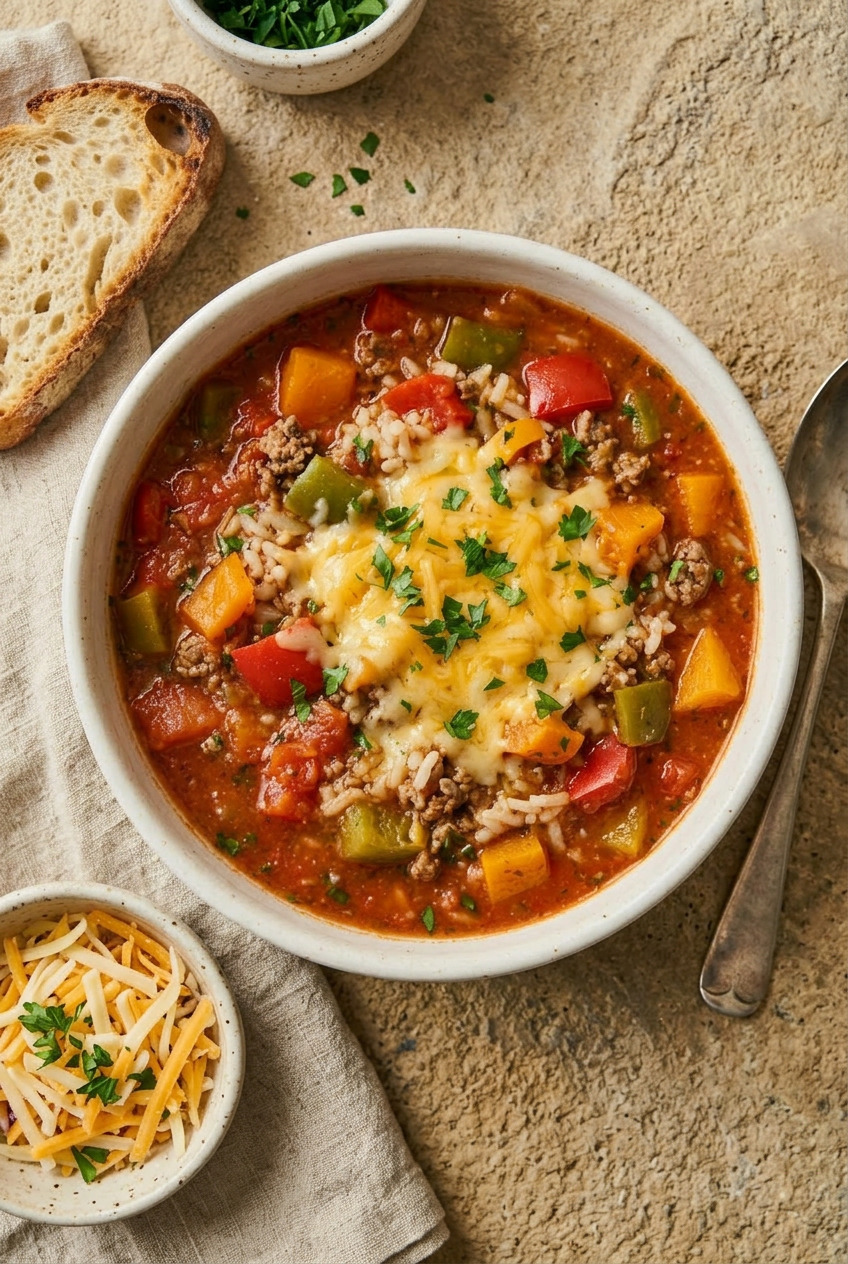 Overhead view of stuffed pepper soup showing rich red tomato broth with ground beef, bell peppers and rice
