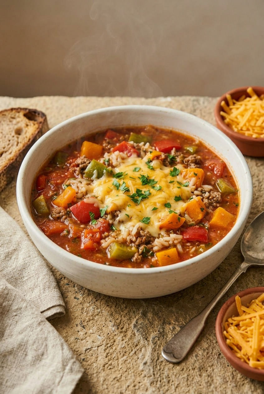 Stuffed pepper soup served in a white bowl with crusty bread on the side