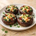 Stuffed portobello mushrooms with golden melted cheese on white plate