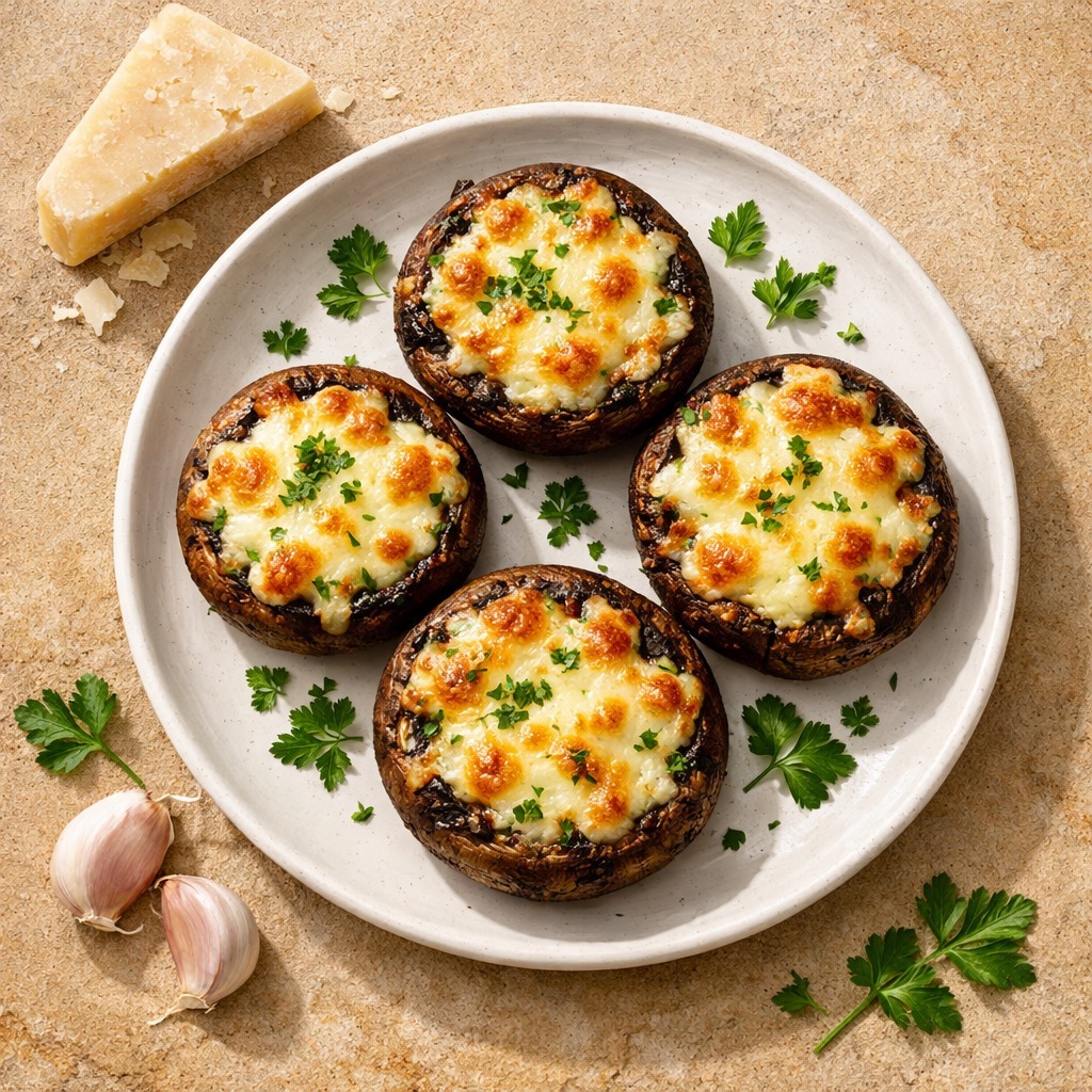 Overhead view of stuffed portobello mushrooms with cheese filling