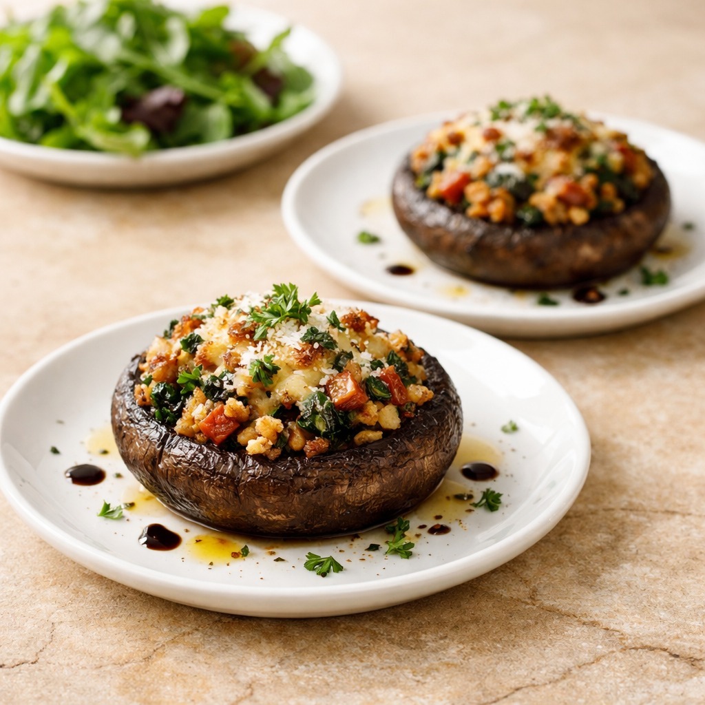 Two stuffed portobello mushrooms plated with side salad