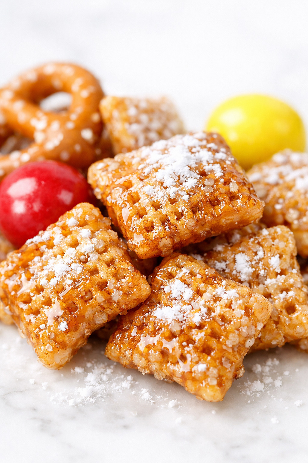 Close-up of caramel-coated Chex cereal pieces with pecans