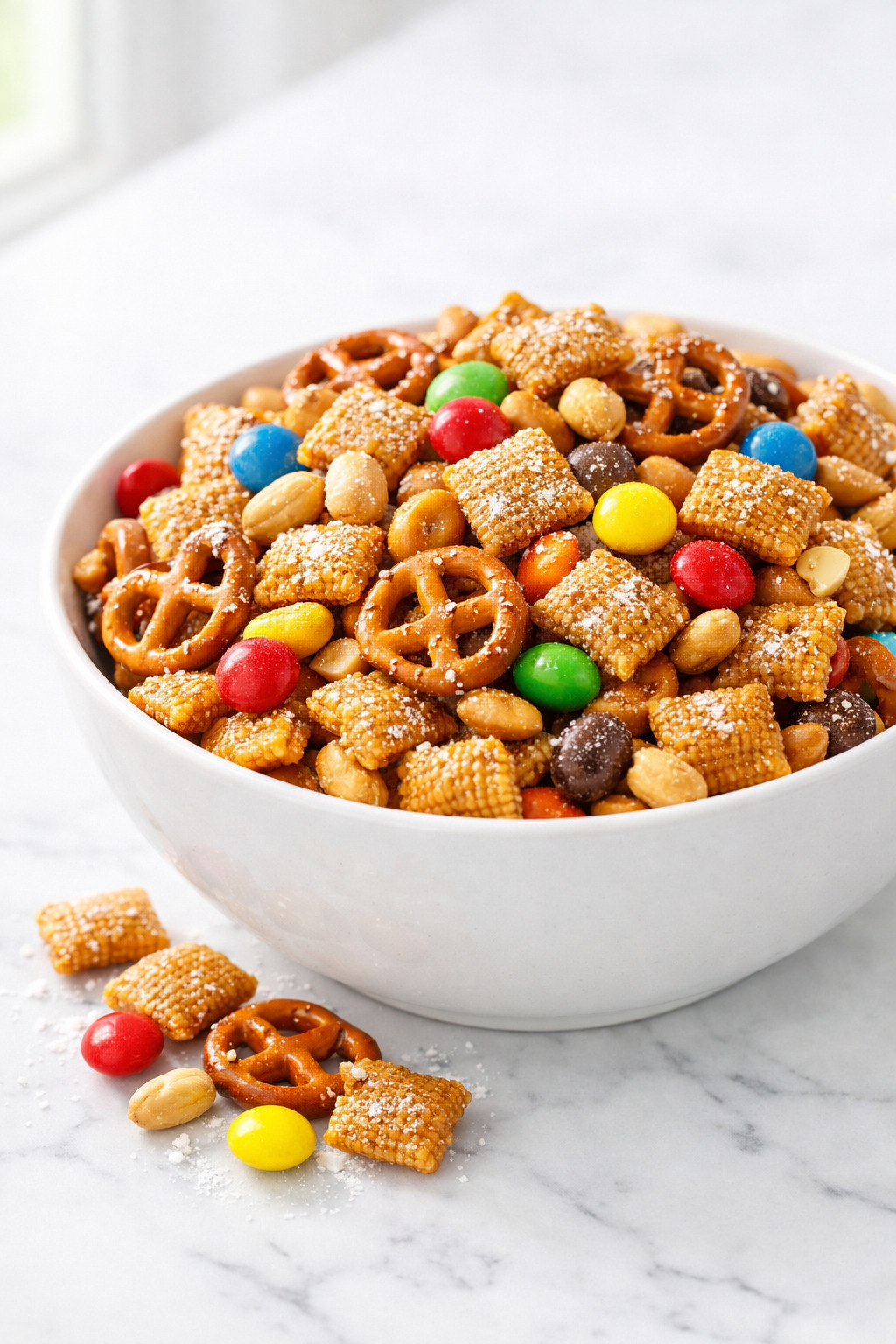 Sweet Chex mix in a white bowl with golden caramel coating