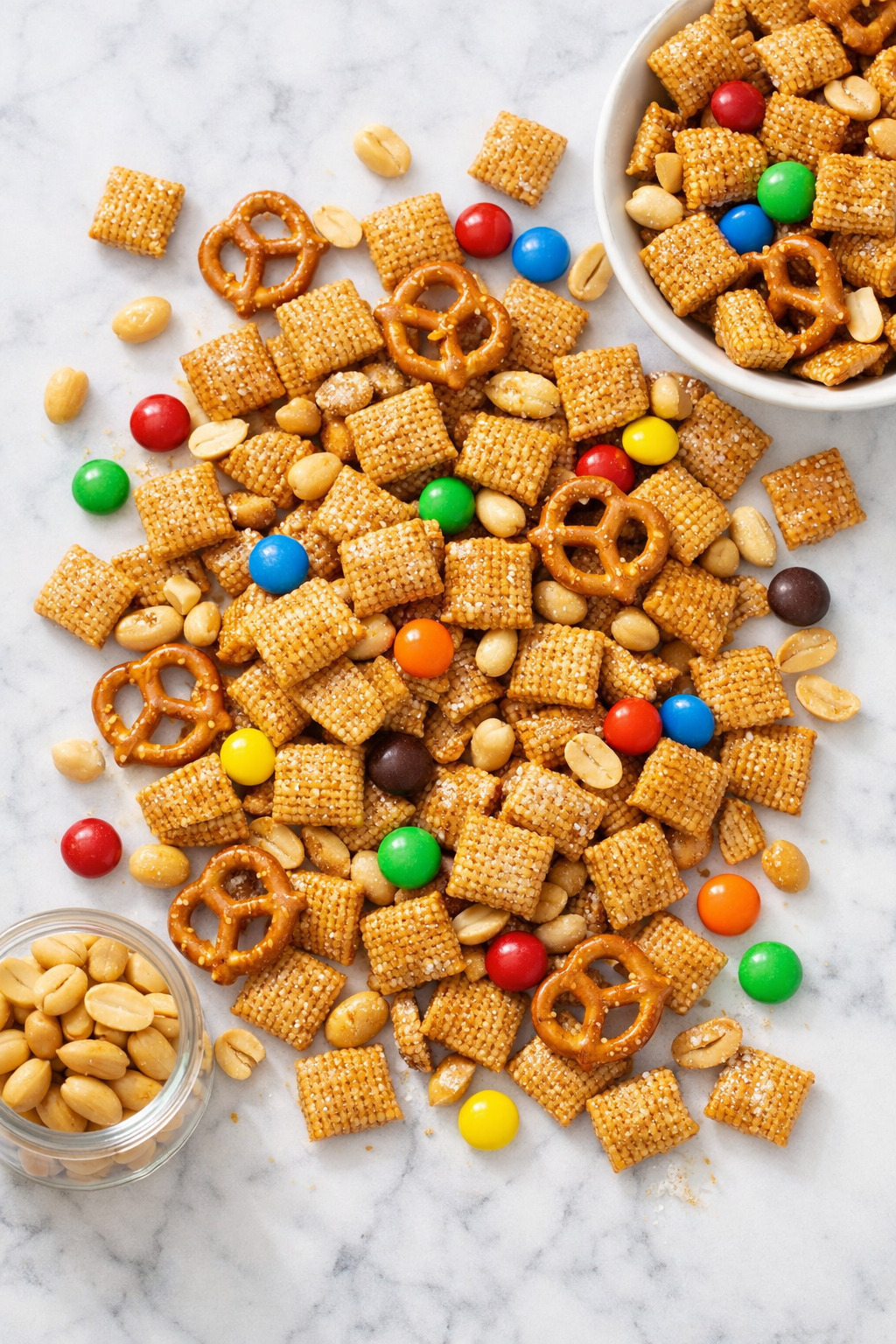 Overhead view of sweet Chex mix on a parchment-lined baking sheet