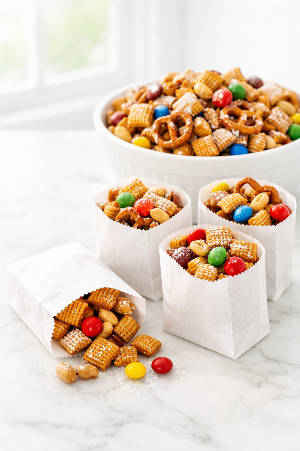 Sweet Chex mix served in small bags and ramekins for a party