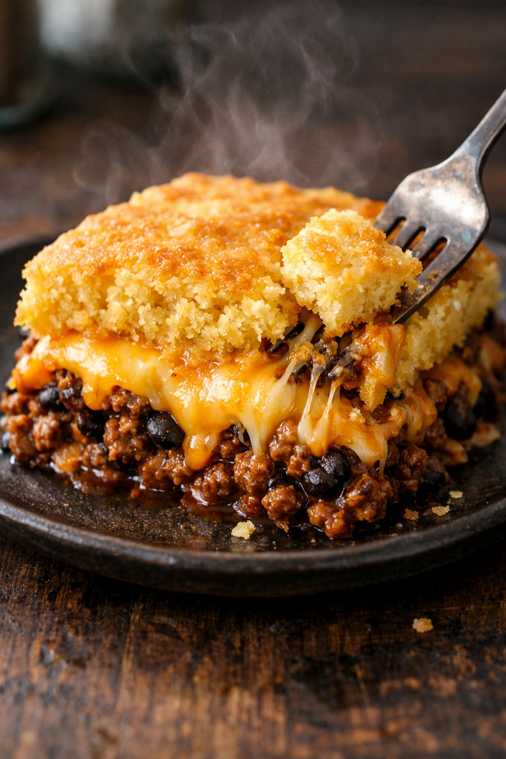 Close up of tamale pie showing layers of beef chili cheese and cornbread