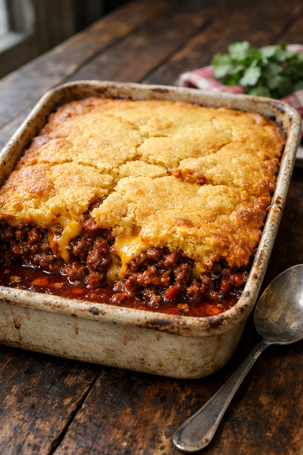 Texas tamale pie casserole in a baking dish with golden cornbread crust