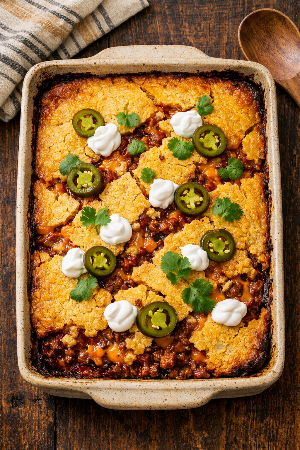 Overhead view of Texas tamale pie casserole with jalapenos and sour cream