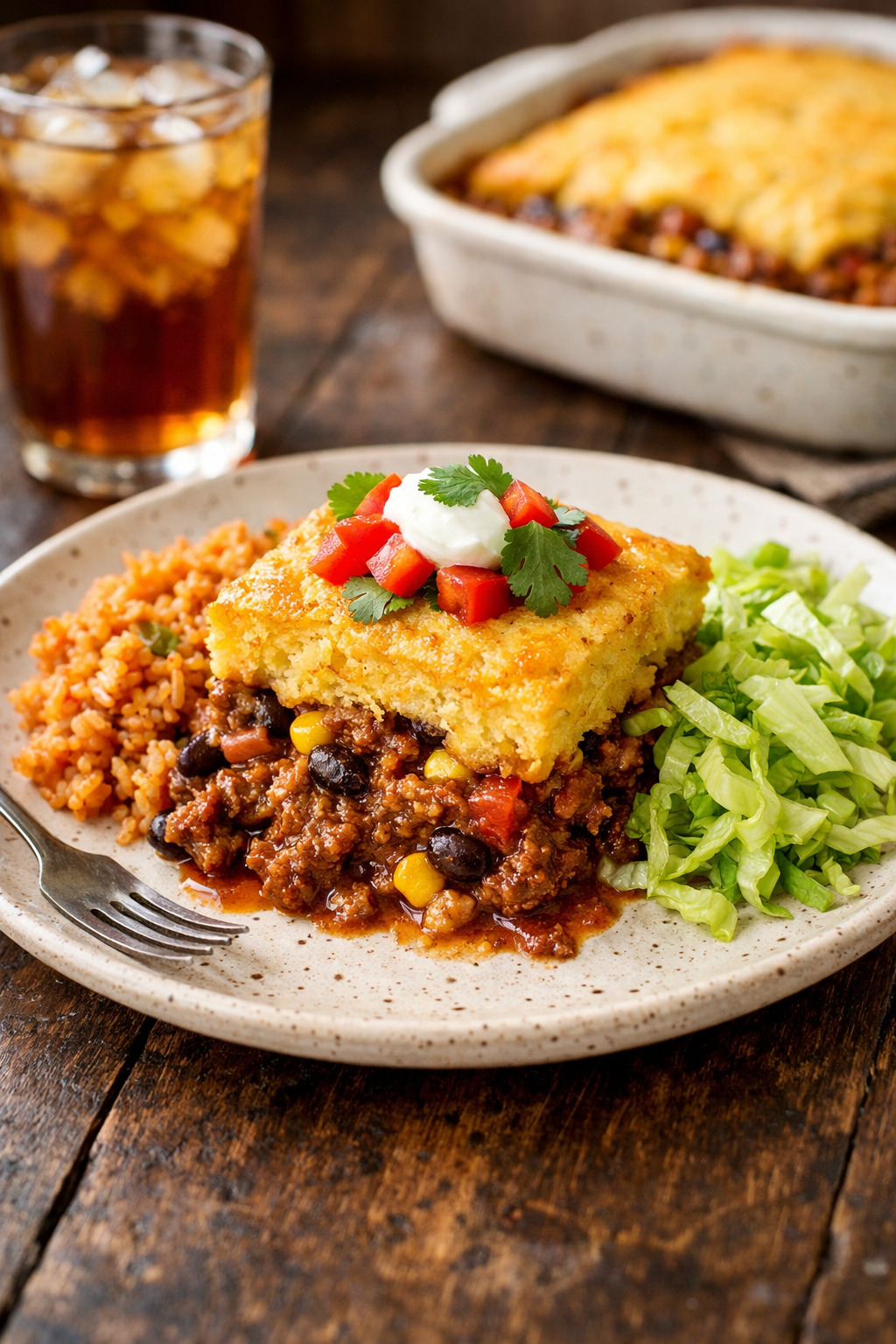 Plated serving of Texas tamale pie casserole with sour cream and cilantro