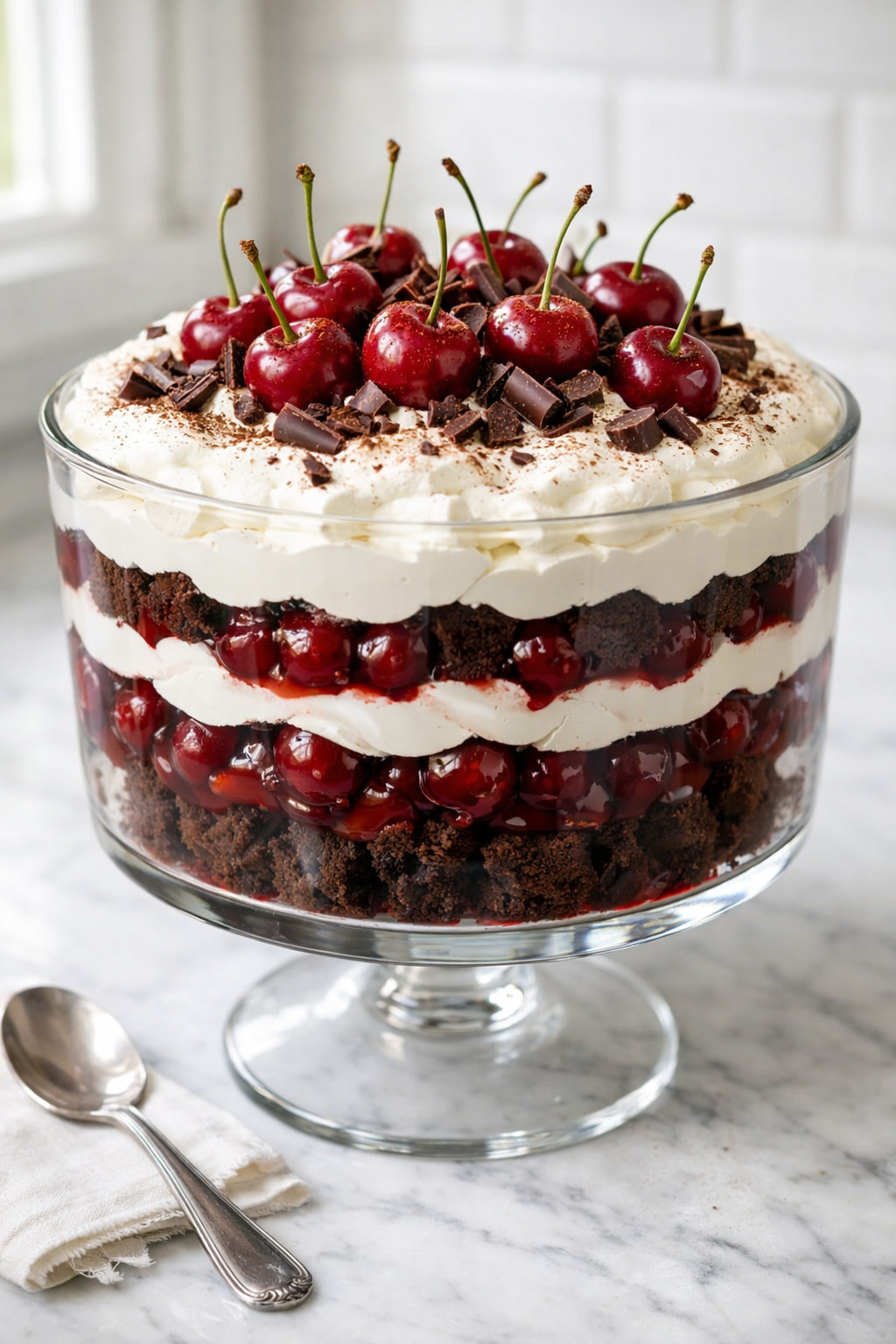 Black Forest trifle in a glass bowl with layers of chocolate cake, cherries, and whipped cream