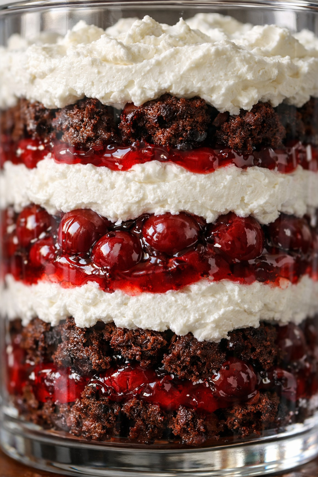 Close-up of Black Forest trifle layers with chocolate cake, cherry filling, and whipped cream
