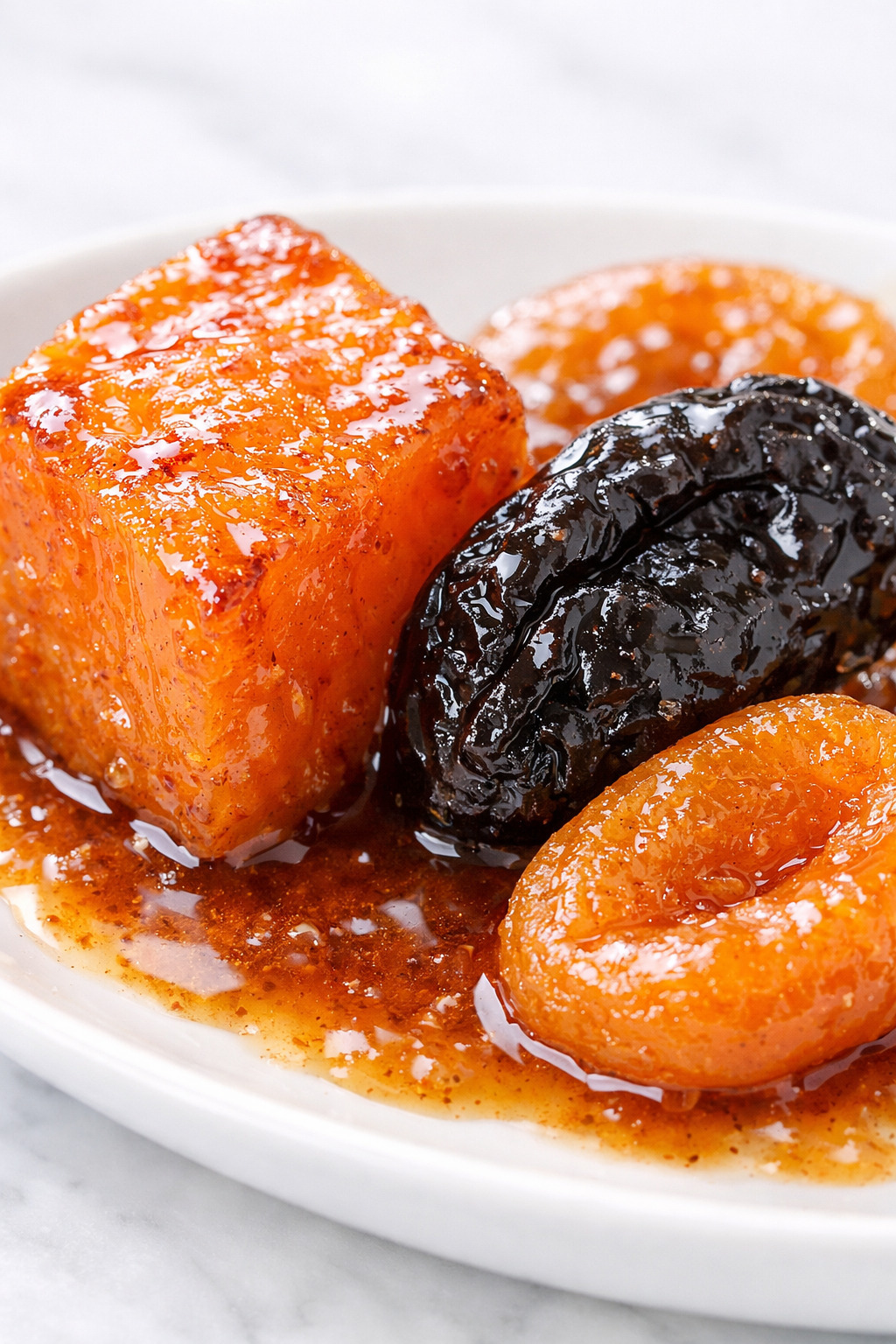Close up of tzimmes showing honey-cinnamon glaze on sweet potato and prunes
