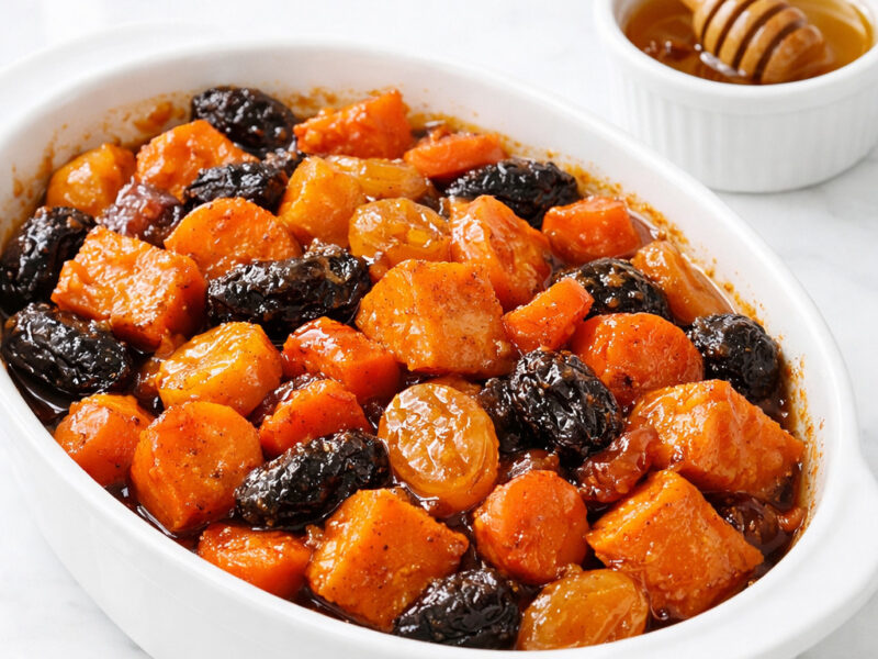 Tzimmes in a white baking dish with honey-glazed sweet potatoes, carrots, and prunes