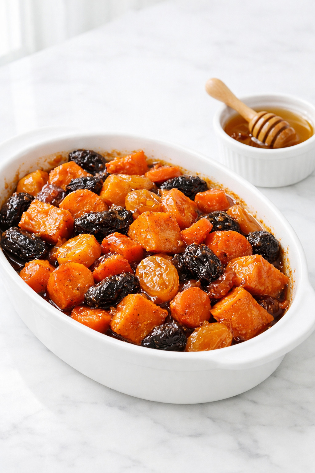 Tzimmes in a white baking dish with honey-glazed sweet potatoes, carrots, and prunes