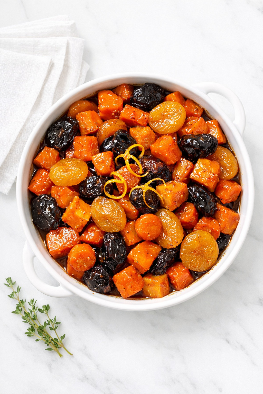 Overhead view of tzimmes with roasted sweet potatoes and carrots in honey glaze
