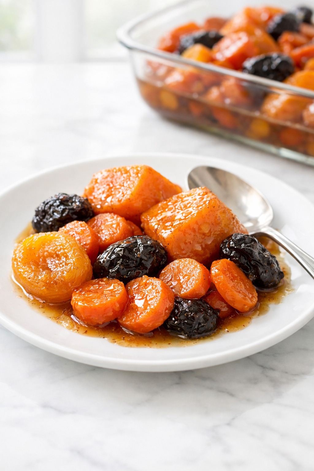 Serving of tzimmes on a white plate with glazed sweet potatoes, carrots, and prunes