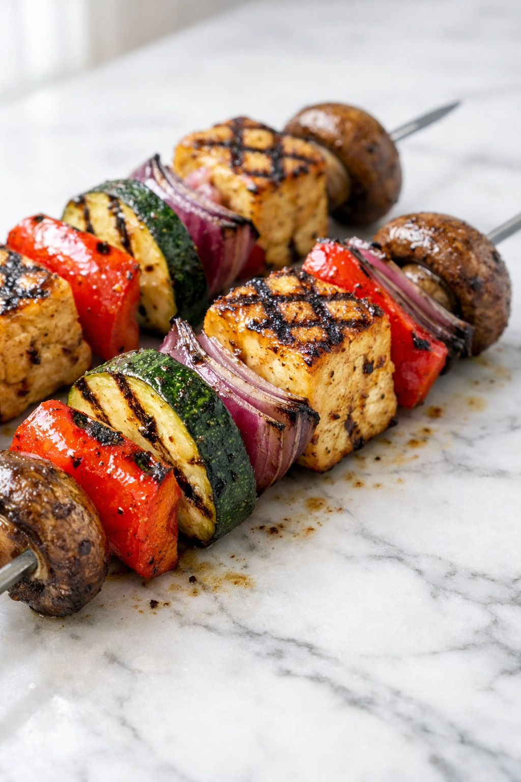 Closeup of grilled tofu and vegetables on a kebab skewer