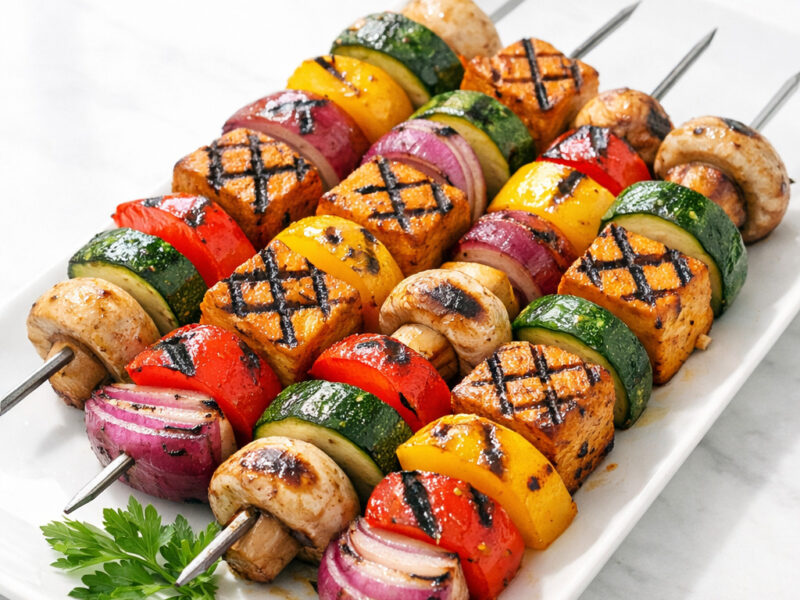 Grilled vegan kebabs with colorful vegetables and tofu on a white plate