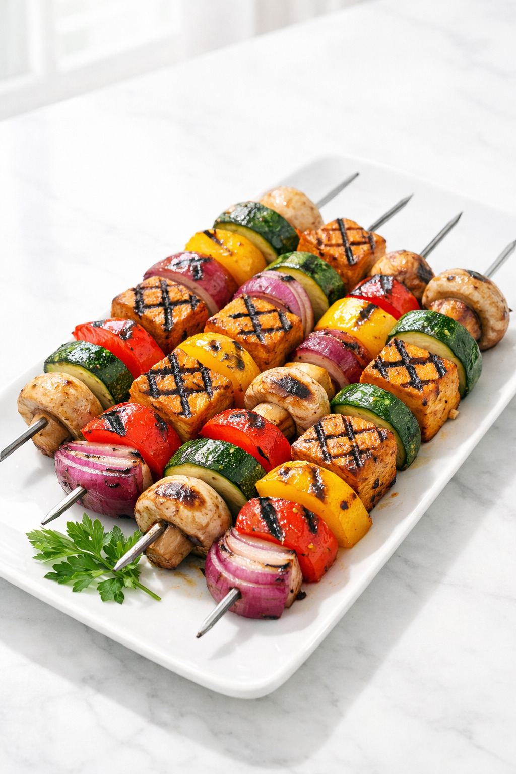 Grilled vegan kebabs with colorful vegetables and tofu on a white plate