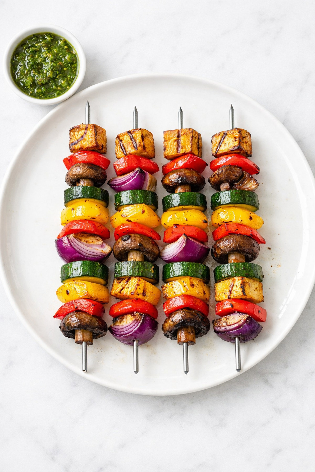 Overhead view of vegan kebab skewers with grilled vegetables